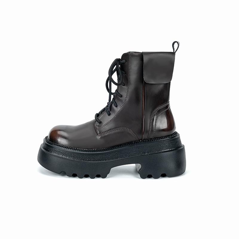 Small Thick-soled Heightened Round Head Polished Women's Boots Knight Boots 2025 Autumn and Winter New British Short Leather Boots Martin Boots