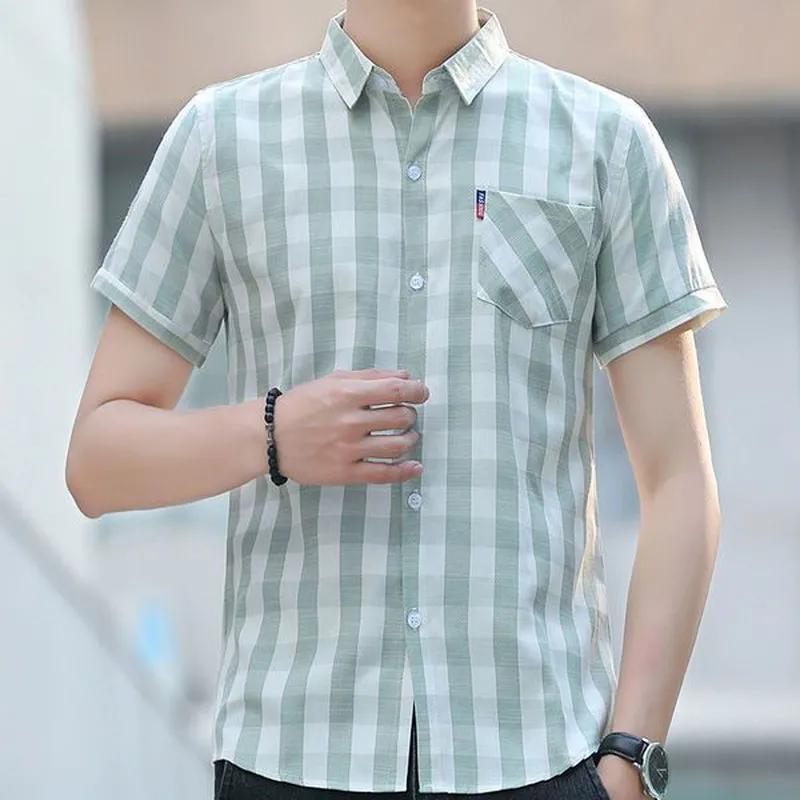 Herren Sommer Kurzarm Kariertes Hemd Jugend Hübsches Slim Button Top