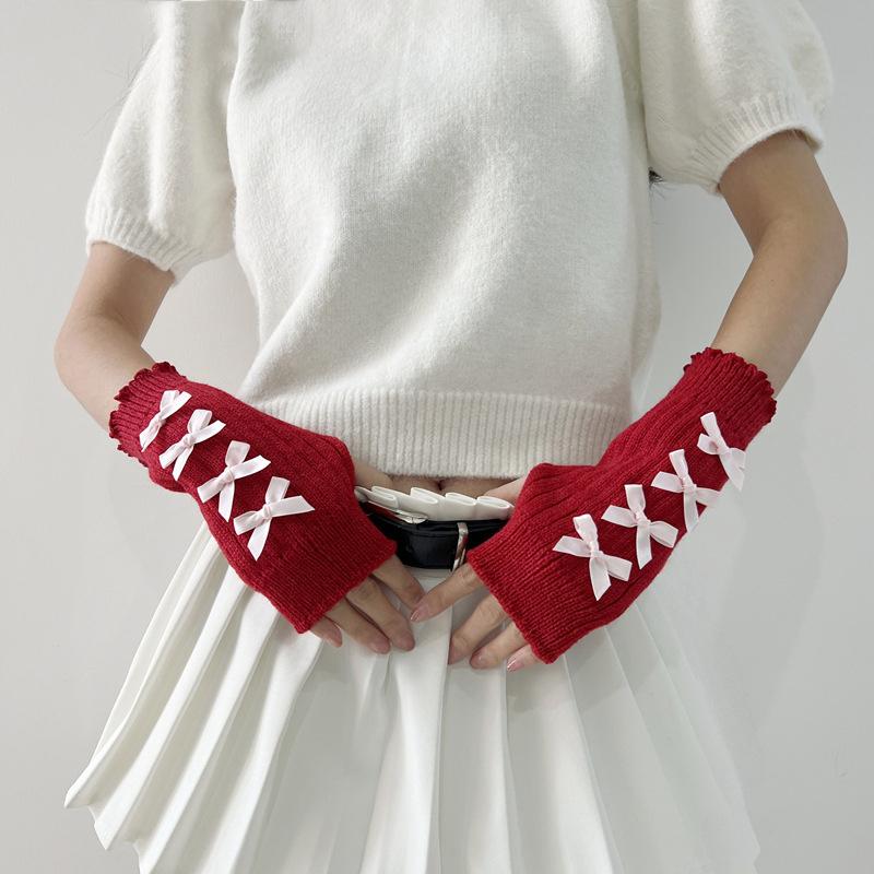 Red Knitted Arm Cover Hip-Hop Long Fingerless sleeves Stretchy Elbow Decoration Thumb Hole Gloves Teens Cosplay