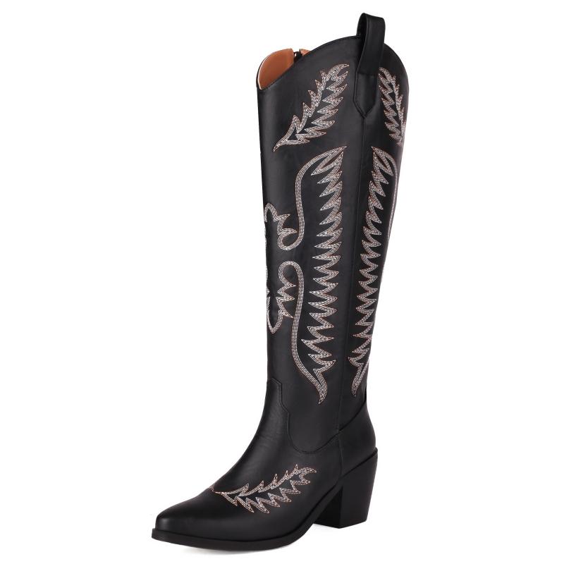 Western Women's Knee High Boots 2025 Block Wedge Heels Winter Shoes Ladies Black Red Embroider Long Cowboys Boots Footwear