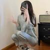 Solid color lace splicing silky suit pajamas women's long-sleeved trousers two-piece set of high-end ice silk loungewear