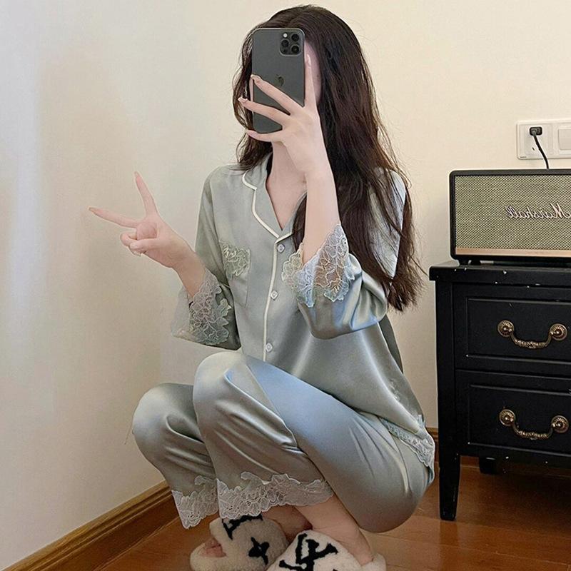 Solid color lace splicing silky suit pajamas women's long-sleeved trousers two-piece set of high-end ice silk loungewear