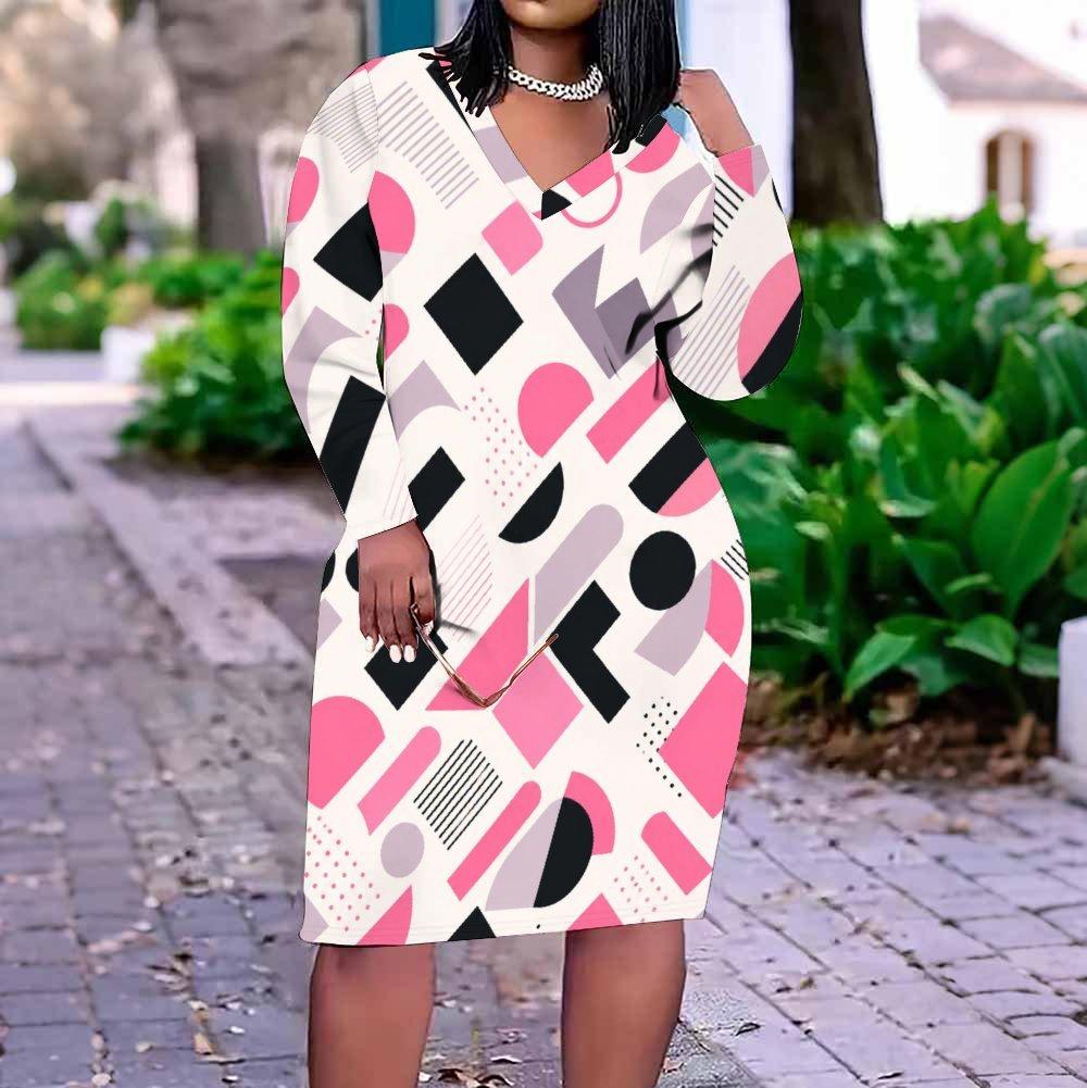 Women Plus Size V Neck Long Sleeve Printed Straight Midi Dress