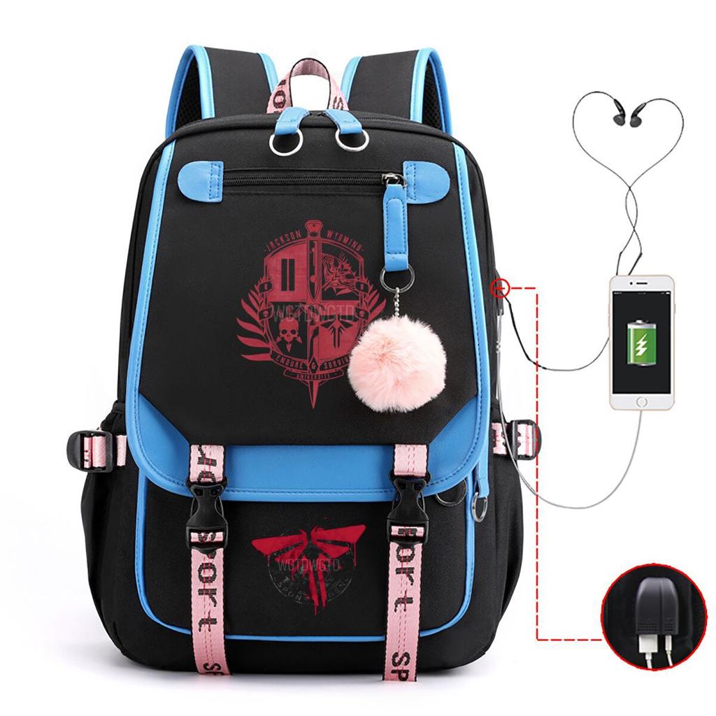 Trend Printing Student Casual Schoolbag Contrasting Color Neutral USB Backpack