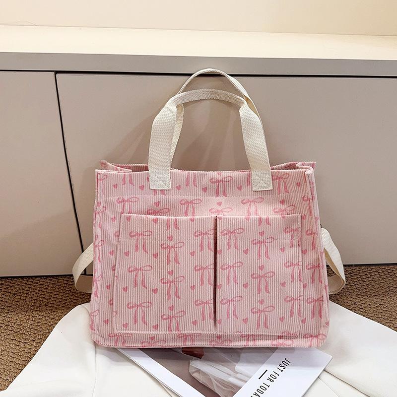 Sweet Strawberry Print Corduroy Shoulder Bags for Women Large Capacity Ladies Multi-Pocket Crossbody Bag Bow Handbags Tote