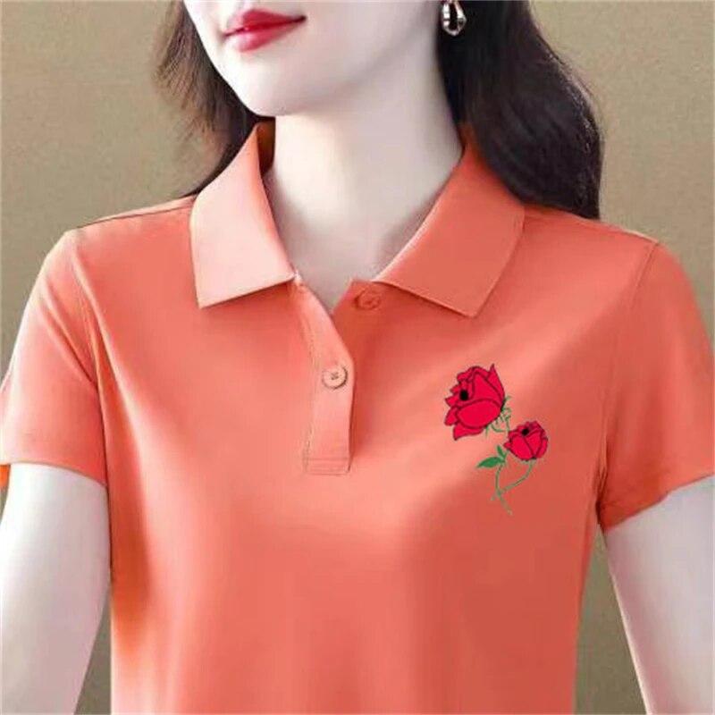 Women Fashion Short Sleeve Floral Print Tees Elegant Collar T-shirt Summer Casual Slim Button Basic Tops