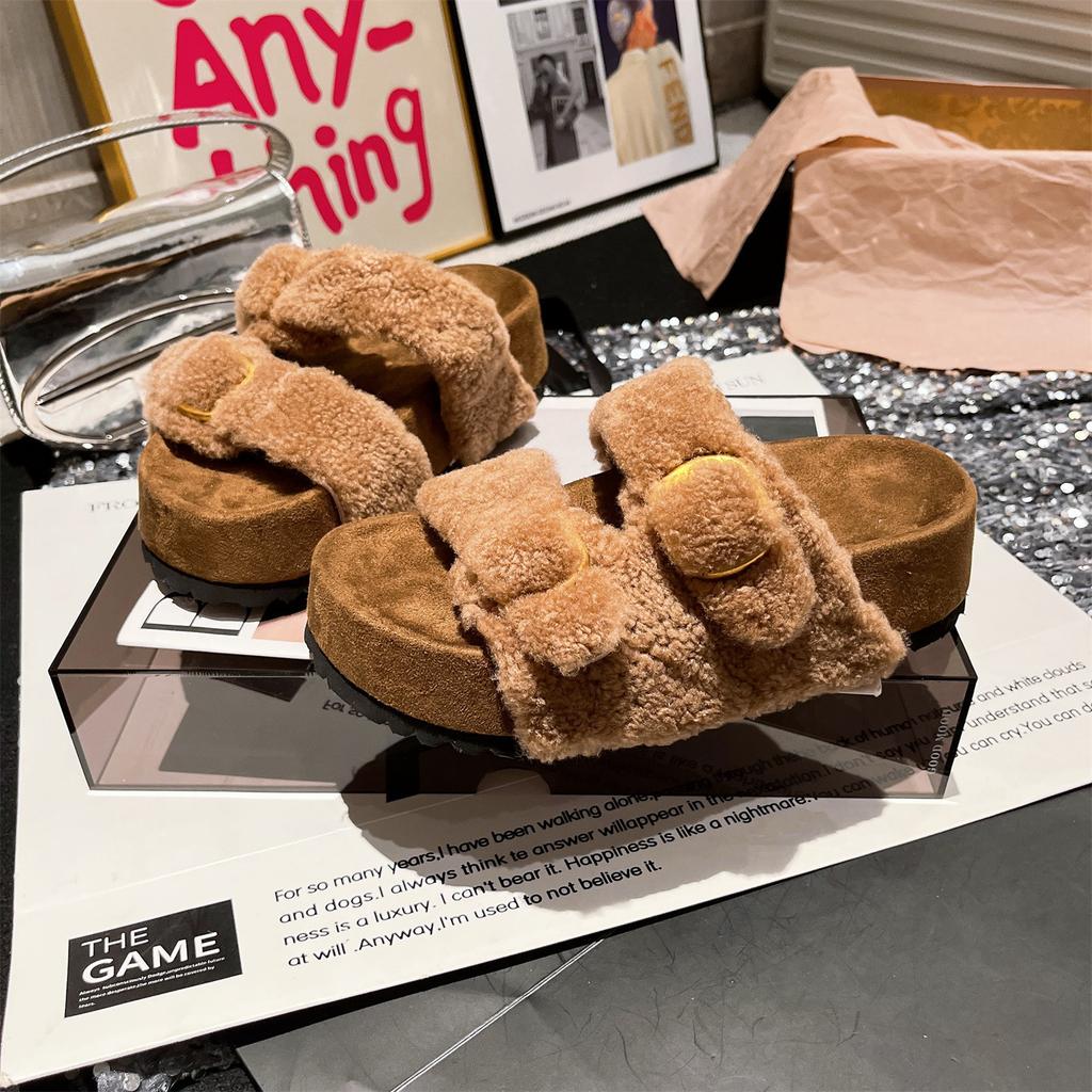 Winter Fashion Thick-soled Casual Lamb Wool Slippers Women Wear Lazy Fur Integrated Open-toed Fluffy Slippers Women's Shoes