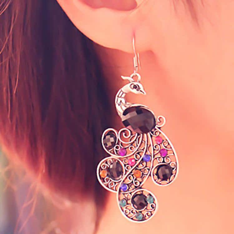 Colorful Rhinestone Peacock Gemstone Earrings