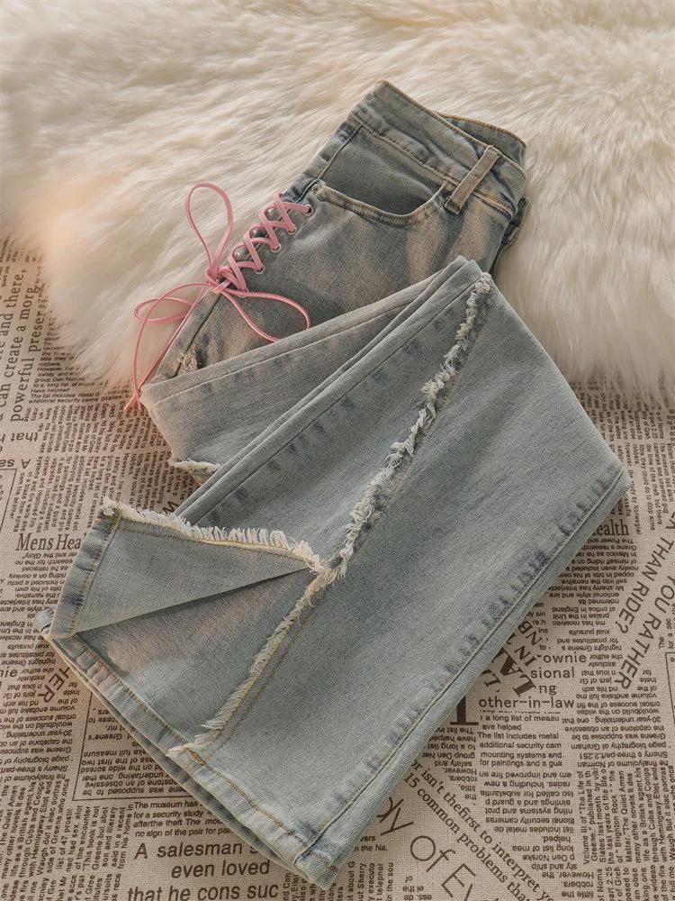 Women's Summer Flared Jeans with Raw Edge, Slit Slim Design for Petite 150cm