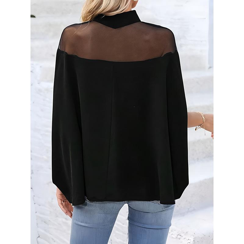 Women's High Neck Short Sleeve Mesh Batwing Top Loose Casual Elegant Blouse Solid Color Patchwork