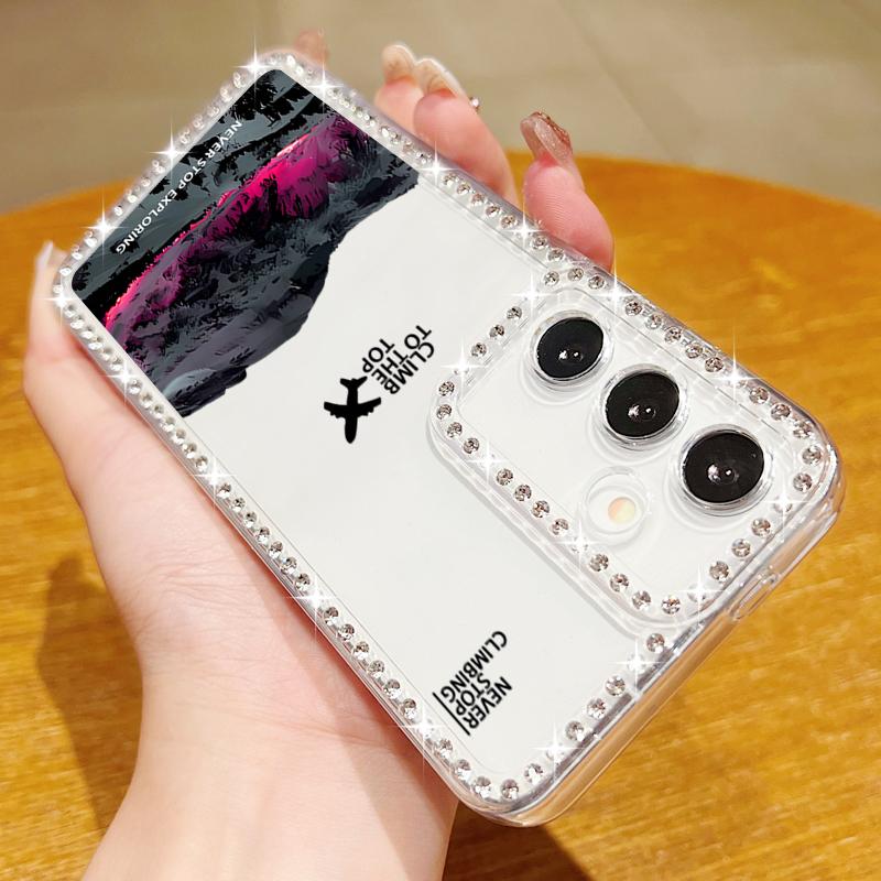 Heart Print Soft Silicone Phone Case For Samsung S25 Edge S24 FE S23 Ultra S22 A16 A56 A36 A15 A55 A35 Diamond Frame Clear Shockproof Cover