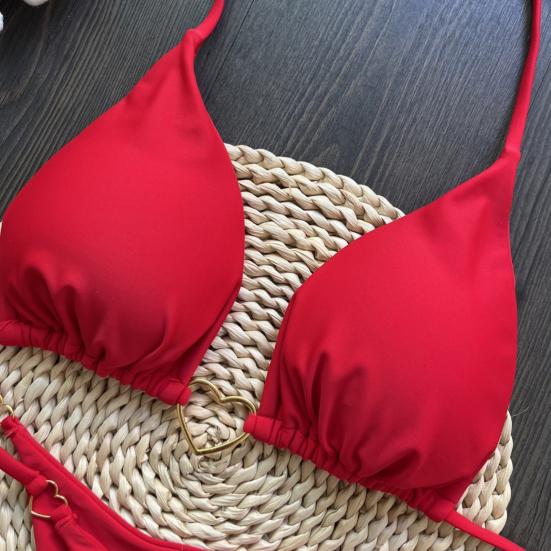 2Pcs/Set Women Bikini Set Heart Metal Buckle Halter Lace-up Swimsuit with Briefs Set