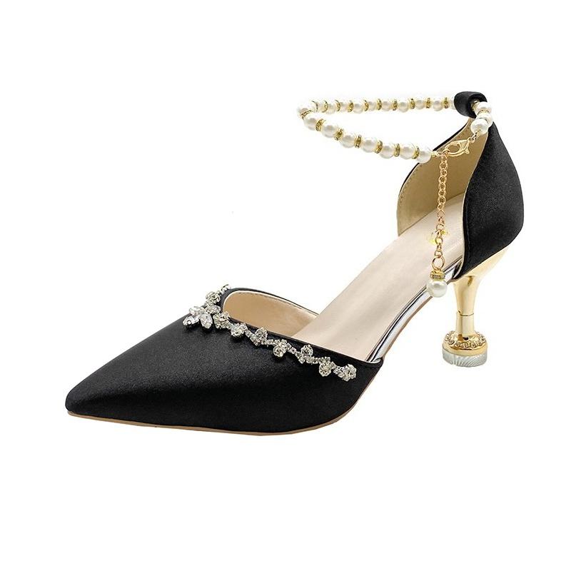 Fashion Brand Design Pearl Chain Ankle Strap Pumps Women 2025 Summer Sexy Pointed Toe High Heel Dress Shoes Luxury Glitter Wedding Pumps