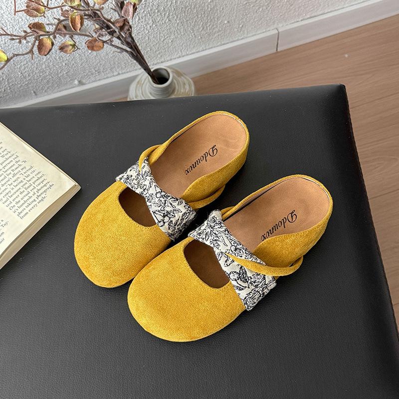 Retro casual girls flat-soled single shoes summer fashion evening breeze round head shallow mouth Mary Jane grandma shoes half a pack of slippers