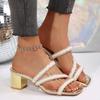 Fashion Women's Sandals Rhinestones Decoration Square Toe Square Heel Fashion Mid Heel Shoes Slide Slipper Summer