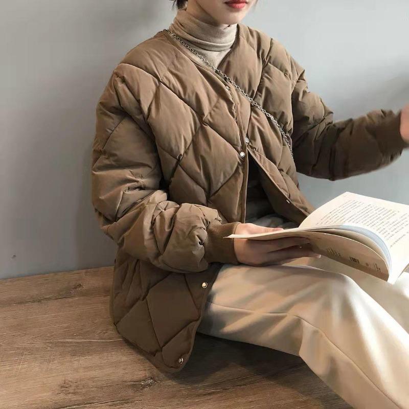 Retro down cotton cotton-padded clothes women's rhombus grid simple and loose casual winter new top women's coat