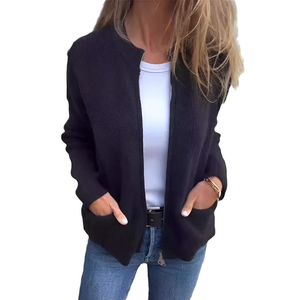 Dámská jednobarevná módní ležérní bunda s límečkem na zip Volná kapsa