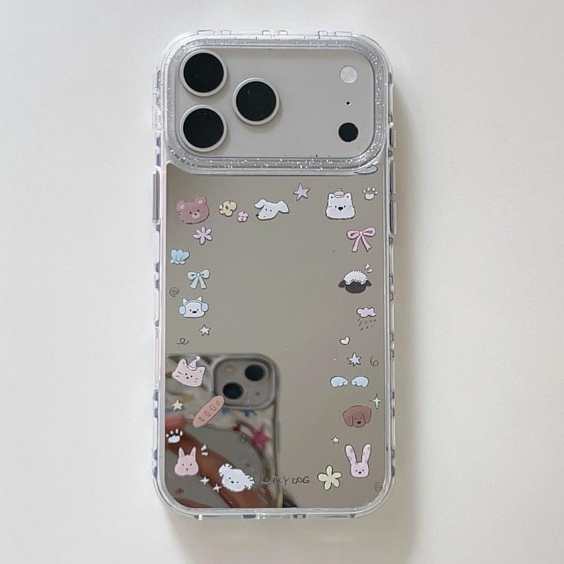 

Fashion Plating Silver Cute Animal Pattern Mirror Phone Case For iPhone 17 Pro 16 15 Pro Max Back Cover with Pendant Cartoon Cas iPhone17 Pro