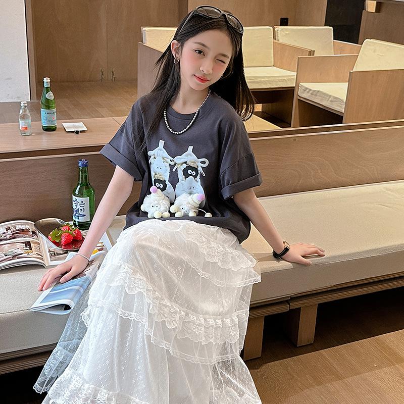 

Подростковая футболка из чистого хлопка с коротким рукавом для девочек в стиле преппи - Летняя коллекция 2025 150 cm