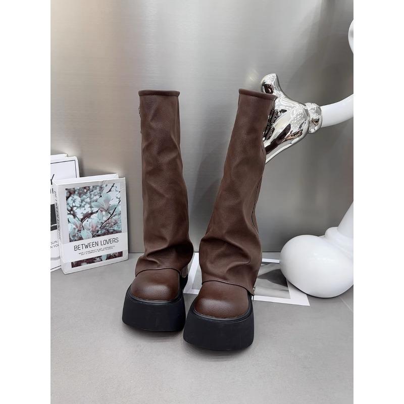 Chunky Heel Platform Western Boots Fashion Tall Knight Boots Woman Belt Buckle Side Zip Motorcycle Boots Casual Women Shoes