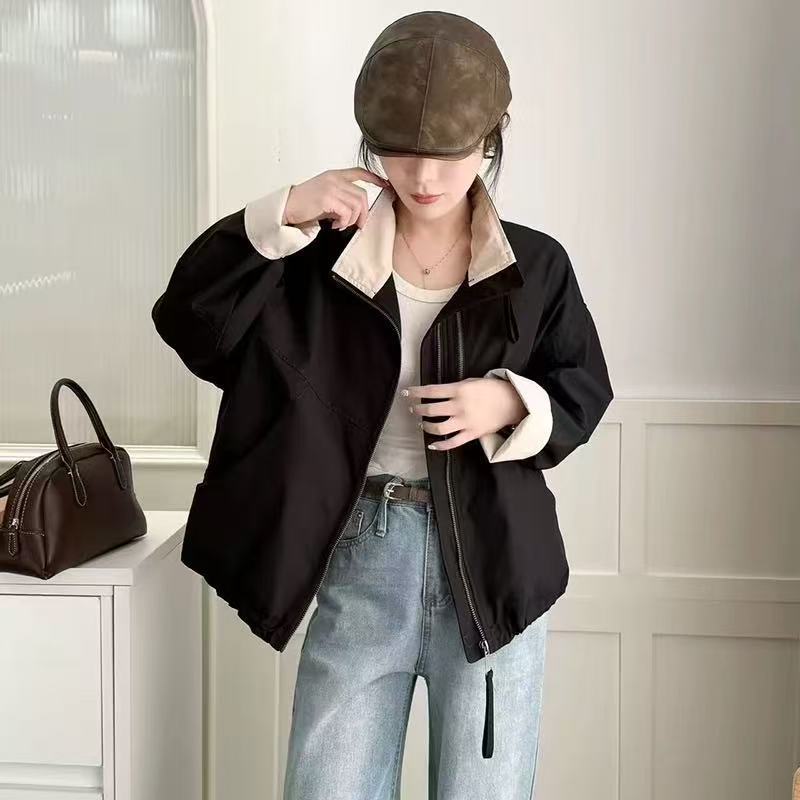 

Женская куртка-ветровка свободного кроя в корейском стиле, короткая, со стойкой, для весны и осени, цветной блок, двойная молния, трендовый топ XL чёрный