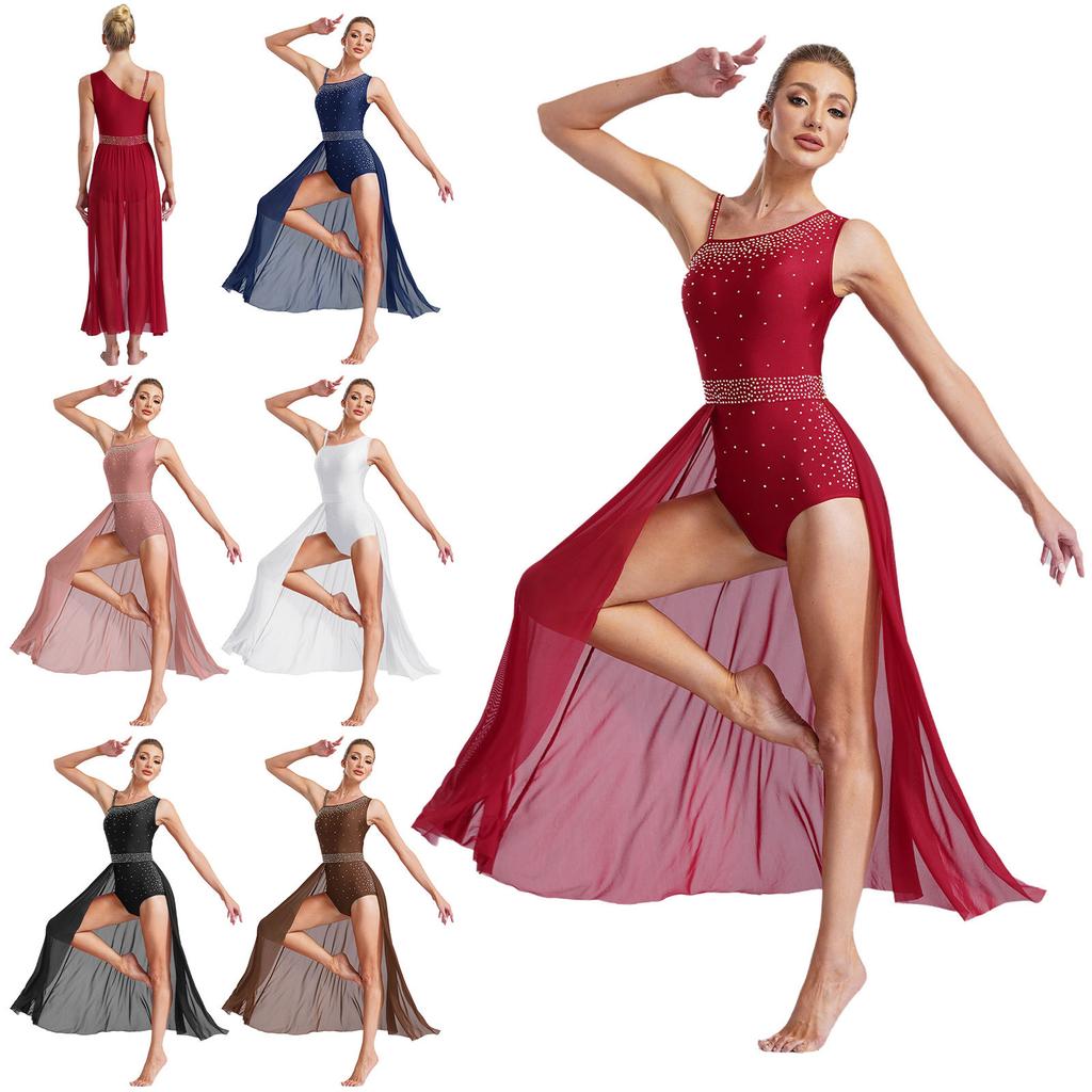 Womens Lyrical Dance Dress Glittery Rhinestones Asymmetrical Shoulder Sleeveless Split Sheer Mesh Performance Gown