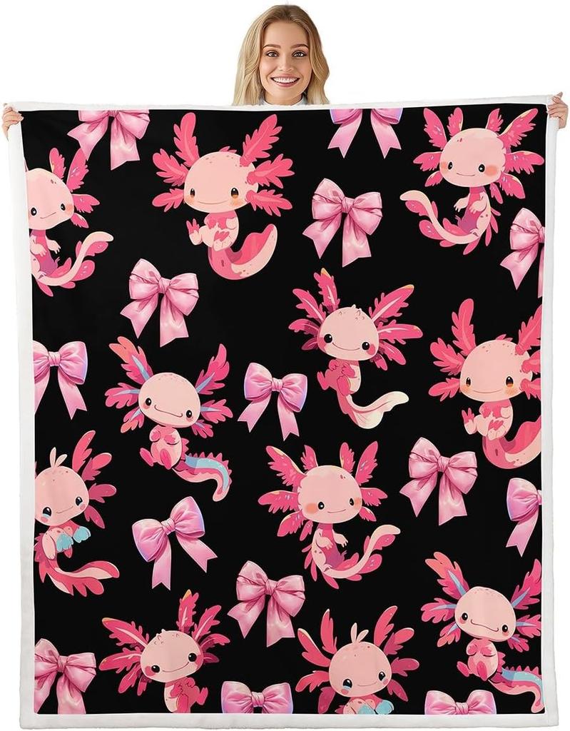 Cute Pink Axolotl Blanket Soft Fleece Throw Cherry Blossom Design Fantasy Art Kids Room Decor