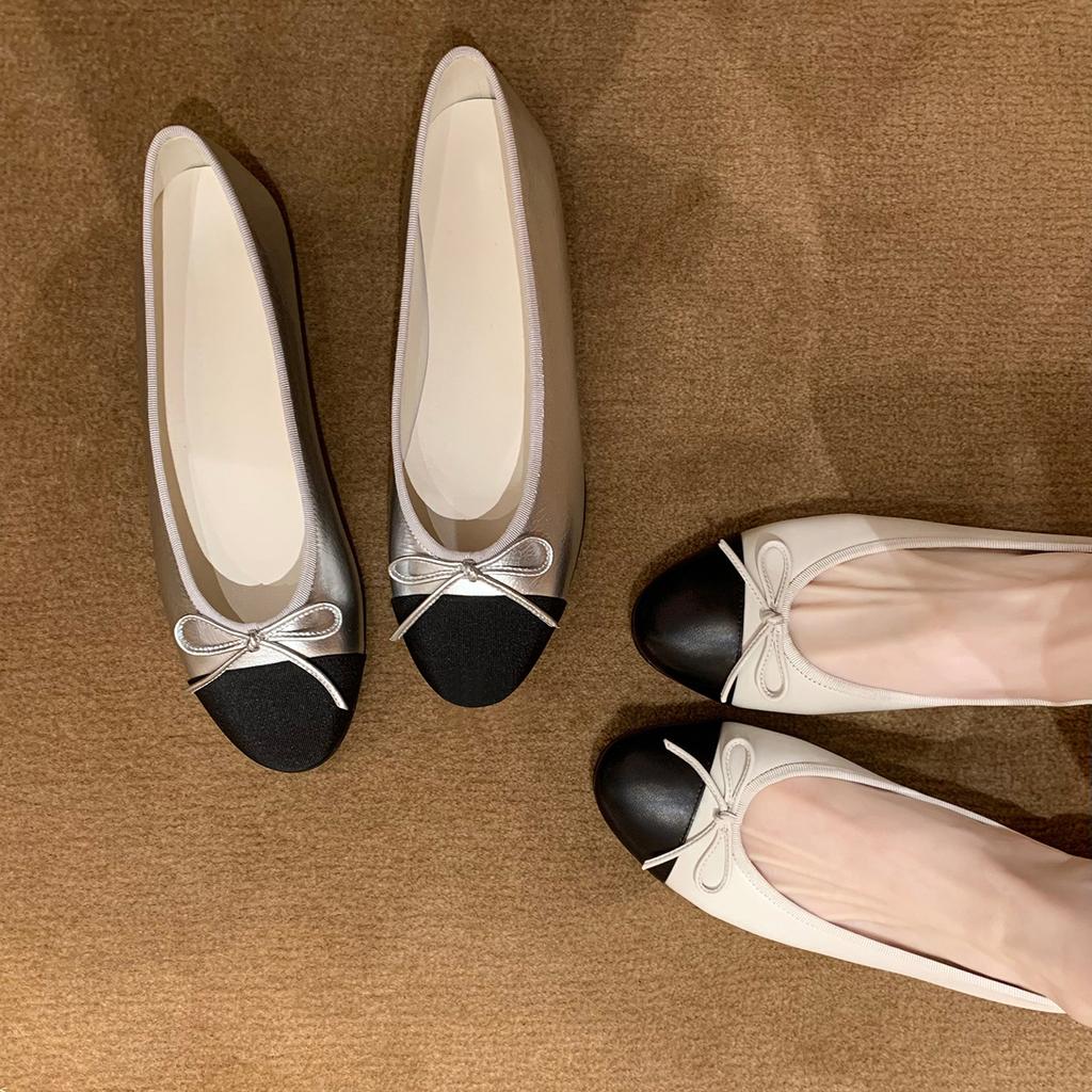 Cowhide version~ Xiaoxiangfeng bow color matching light mouth single shoes women's 2025 new flat bottom round head grandma shoes ladyshoes