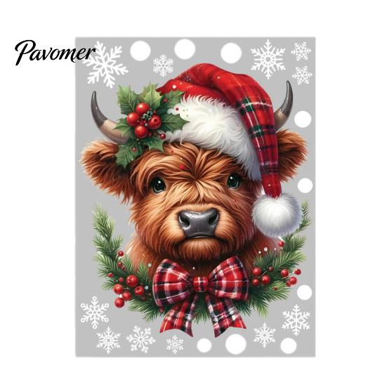 Waterproof PVC Bathroom Decor Christmas Window Clings, Cute Highland Cow Sticker with Santa Hat, Winter Creative DIY Home Remodeling Supplies