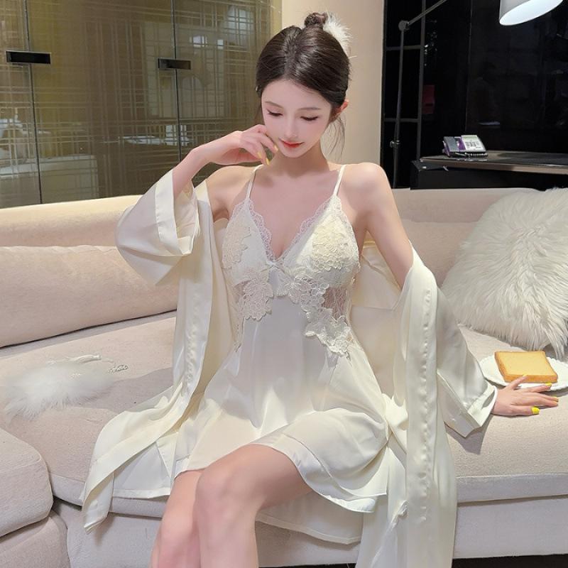 Ice Silk Women's Sexy Nightgown & Camisole Robe Set – High-End, Beautiful Back, with Chest Pads, for Spring and Autumn Homewear