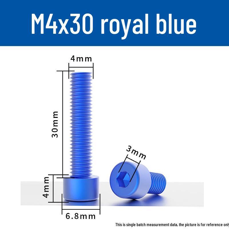Šroub s vnitřním šestihranem M4 z eloxované hliníkové slitiny s válcovou zápustnou hlavou, antikorozní, barevná povrchová úprava.