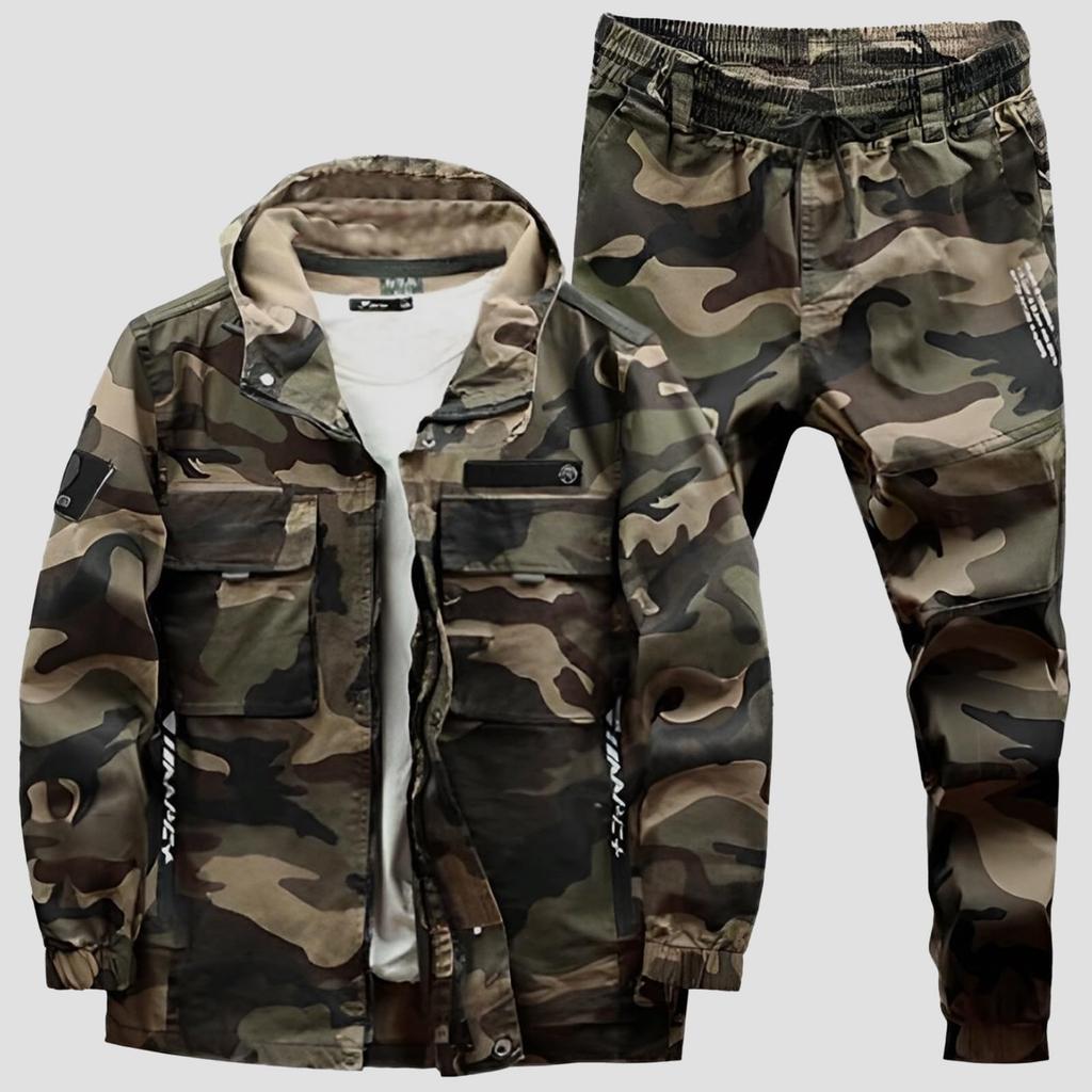 Aspersio Camouflage Hoodie and Pants Oversized Long Sleeve Fashion Cargo Long Set Army Green Men's Set, Stylish, Full-Zip, Workwear, Outdoor, Airsoft,