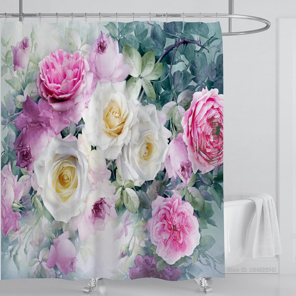 Rose Flower Shower Curtain Waterproof Shower Curtain Polyester Fabric 3D Printed Curtain Bathroom Decoration With Hook