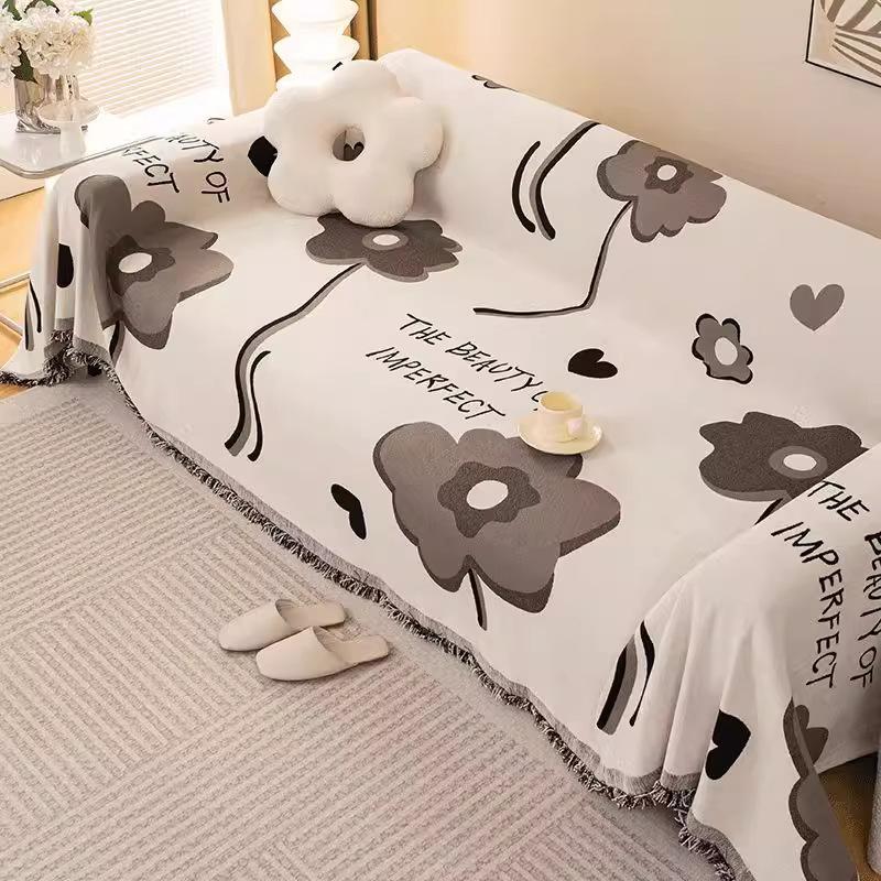 Anti Cat Scratch Sofa Towel with Tassel Nordic Printed Non Slip Blanket for Living Room Multi-Purpose Dust Cover for All Seasons