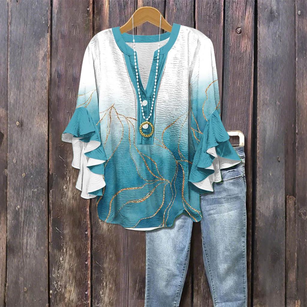 Women's Fashion Casual Button V-Neck Seven Sleeve Vintage Printed Shirt Top