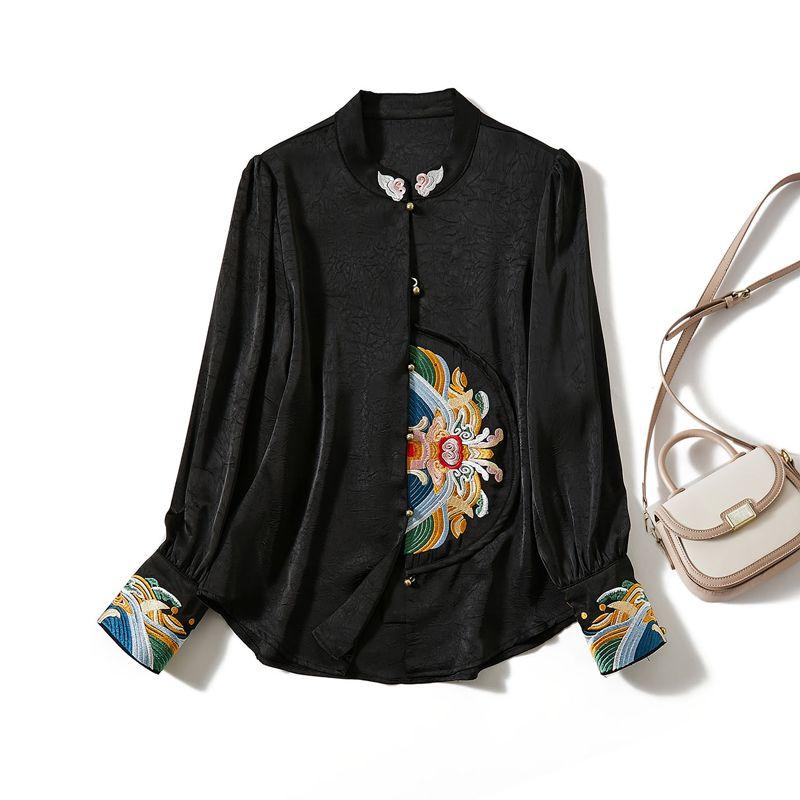 

White Collar Elite BI in the Workplace! Women s Asymmetric Embroidered Xiaoling Satin Acetate Rayon Single-Breasted Shirt All Year Round Black 4XL