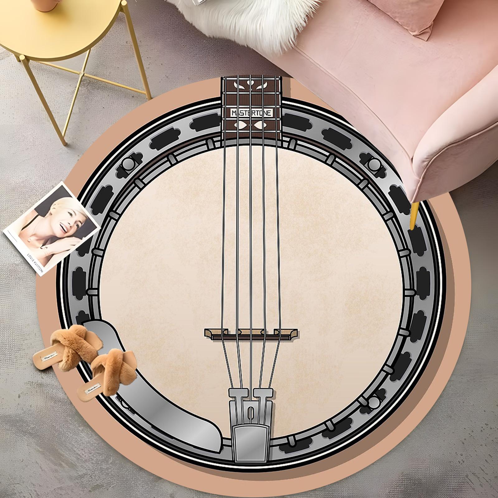 

Modern Banjo Head Round Rug - Neutral Beige & Black Design, Minimalist Living Room Carpet, Non-Slip Bohemian Floor Mat 60cm