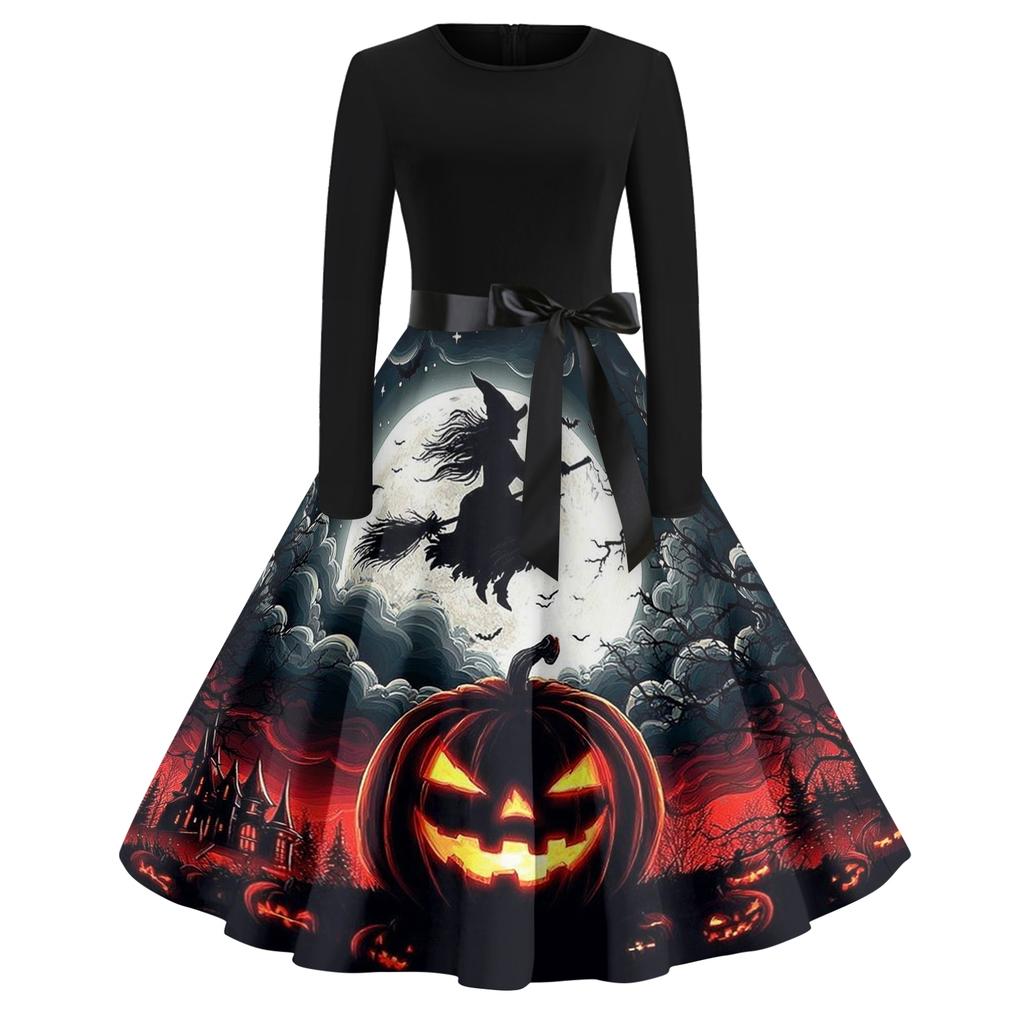 Women's Casual Fashion Round Neck Halloween Printed Vintage Dress