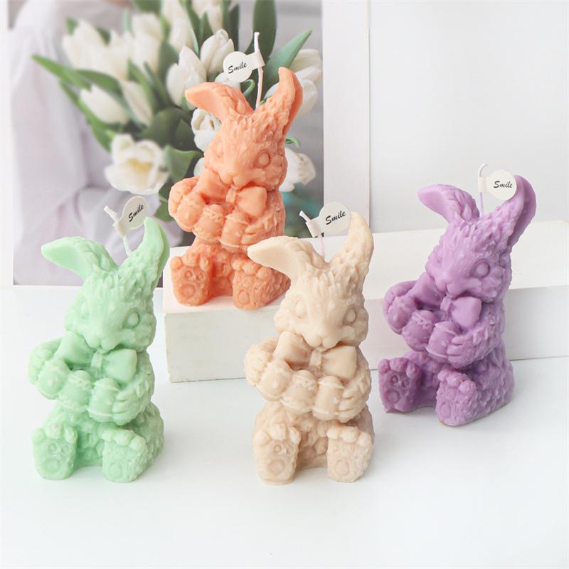 3D Easter Flower Rabbit Candle Silicone Mold DIY Lovely Bunnies Shape Fondant Cake Decorating Mould Flower Rabbit Plaster Mold