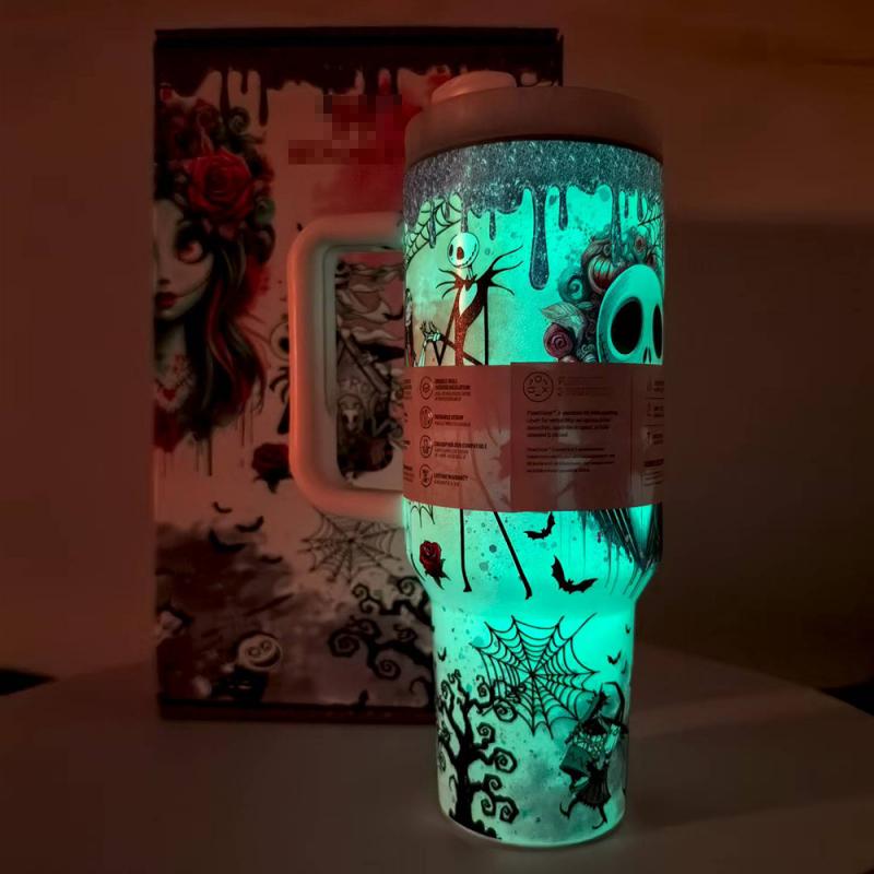 Halloween-Reisebecher aus Edelstahl 304 mit Strohhalm, leuchtend im Dunkeln