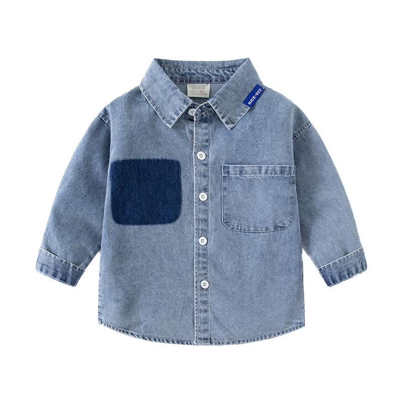 Boys Denim Shirt Long Sleeve Pocket Design Casual Button Down Collared Autumn Fashion Top Clothing for Toddler and Kids