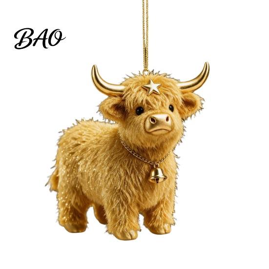 Lightweight Gifts for Friends Family Highland Yak Ornament Christmas Tree Hanging Decor, Cute 2D Flat Kids Room Decorations Acrylic Pendant with Gold