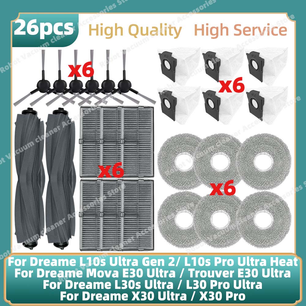 Passend für Dreame L10s Ultra Gen 2 / L10s Pro Ultra Heat / Mova E30 Ultra / Trouver E30 Ultra Ersatzteile: Hauptbürste, Seitenbürste, Filter, Wischbeutel