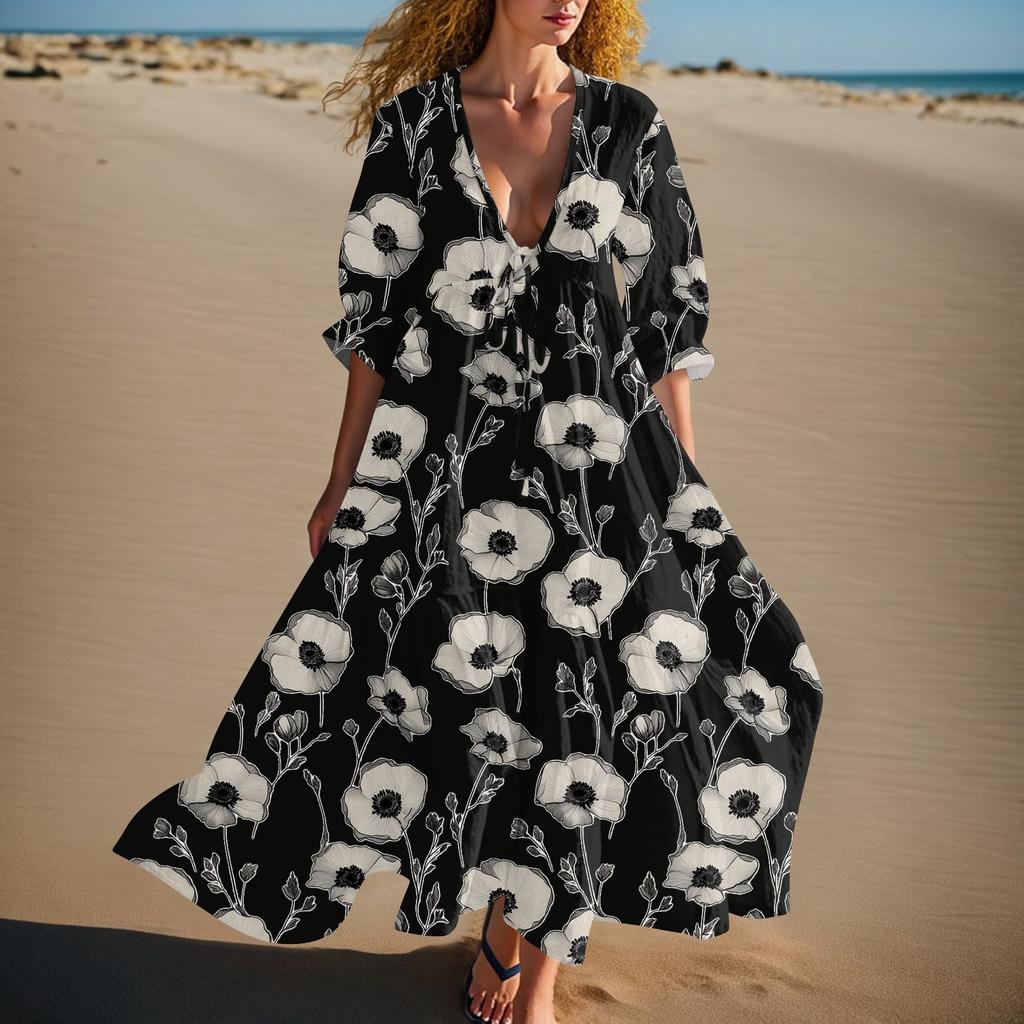 Women's Summer Fashion V-neck Retro Floral Print Short Sleeved Beach Dress With Lace Patchwork Dress