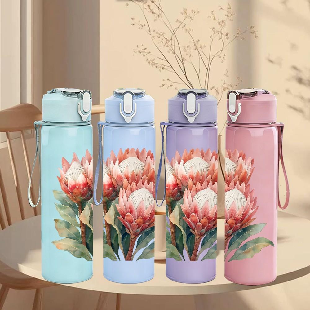 1PC Pink Protea Wild Flower Bloom 750ml Color Plastic Sports Water Bottle Leakproof Flip Straw Lid For Sports Office Home Use