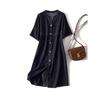 Harajuku Sense Women Summer Washed Cotton Denim Blue Shoulder Needle Roller Open Line V-neck Whole Single-Breasted Dress Slimming Summer