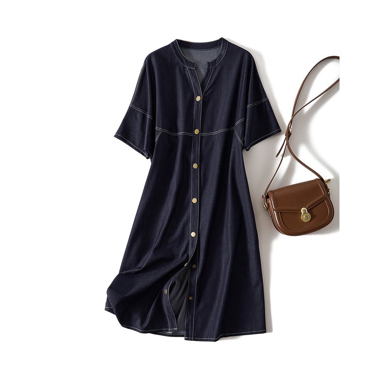 Harajuku Sense Women Summer Washed Cotton Denim Blue Shoulder Needle Roller Open Line V-neck Whole Single-Breasted Dress Slimming Summer