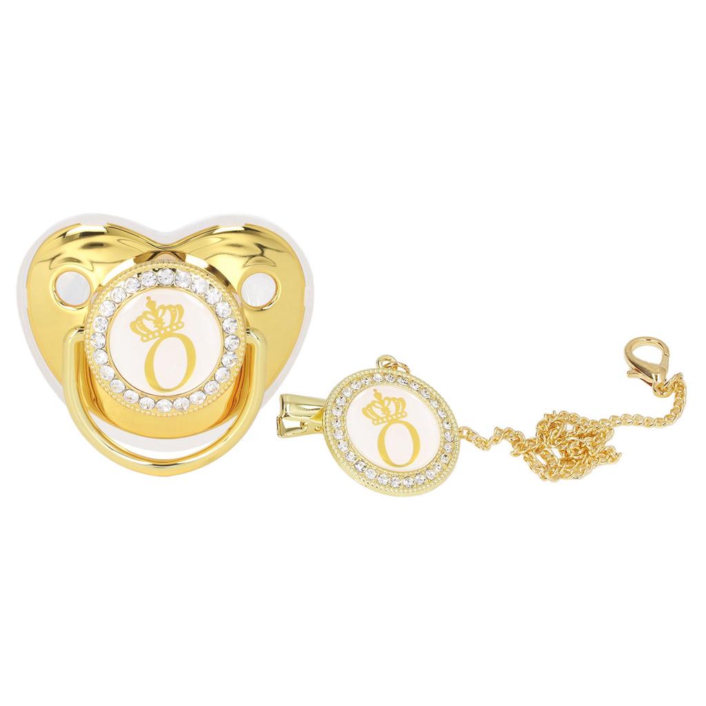 Baby Pacifier Infant Portable Exquisite Golden Crown Letter Rhinestone Pacifier with Chain Clip