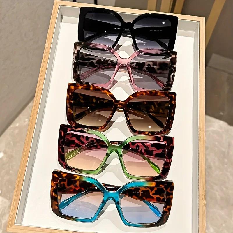 New Large Frame Oversized Square Sunglasses with Gradient Lenses Versatile Color Contrasting & Leopard Print Frames Glasses