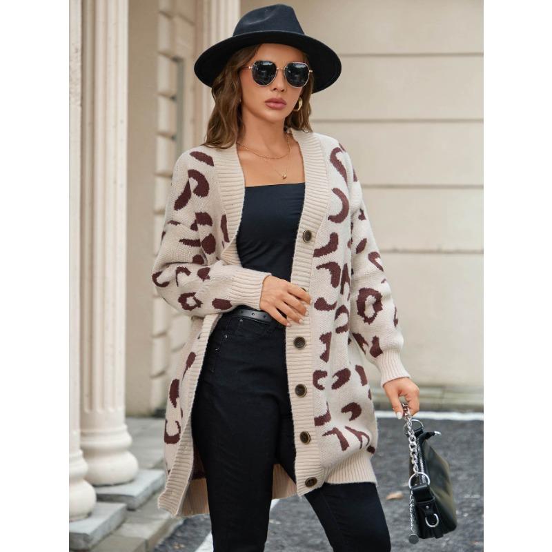 Women S Mid Length Loose Fit Leopard Print Long Sleeve Knit Cardigan Sweater